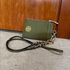 Tory Burch Olive Green Card Holder with Gold Chain
